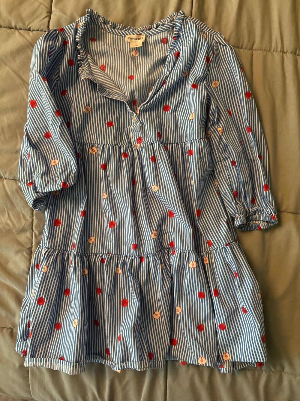 Crewcuts Blue and White Striped Dress with Red Dot Embroidery